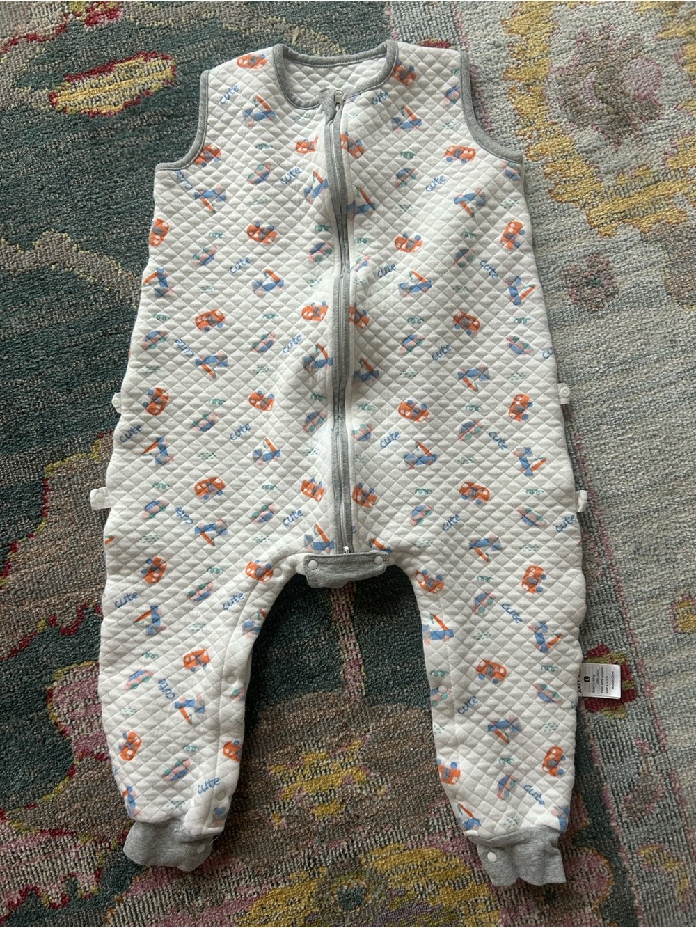 Quilted Sleeveless Baby One-Piece Sleep Romper in White with Orange & Blue Print